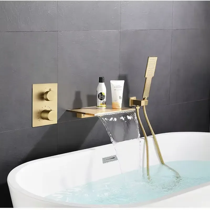 Wall Mounted Brushed Gold Concealed Shower Waterfall Basin Mixer Bathtub Faucet Mixer Basin Tap