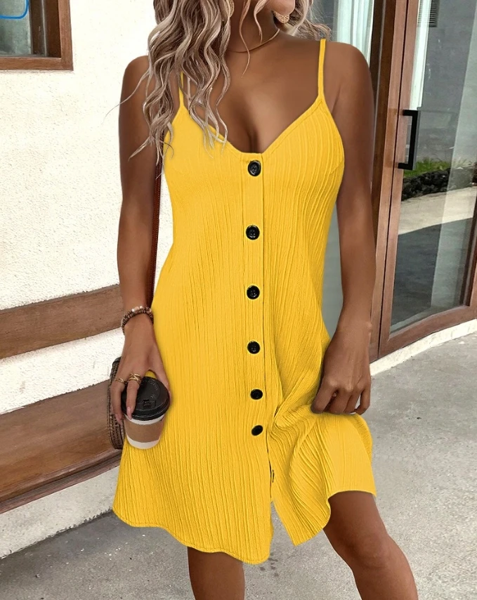 Women's Strap Dress 2024 Spring Summer Latest Solid Color Button V-Neck Textured Cami Casual Mini Dress Resort Beach Short Skirt