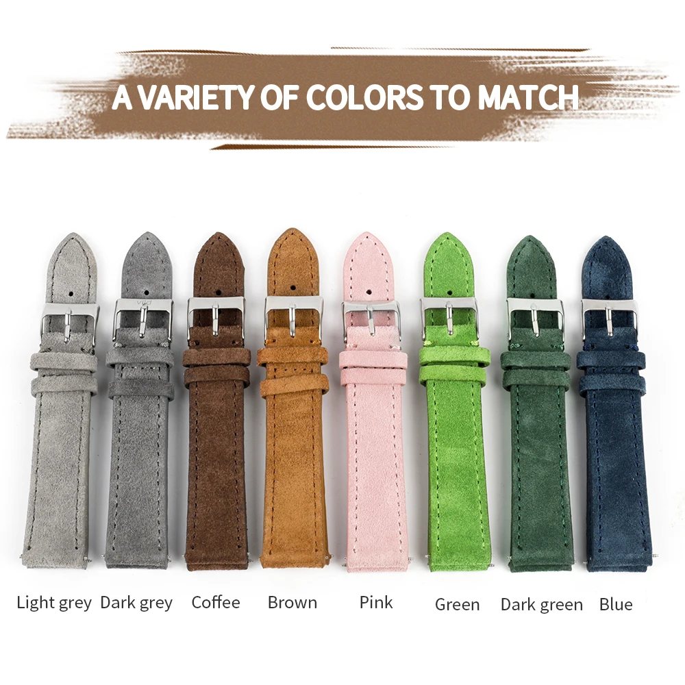 

New Soft Suede Leather Watch Band 18mm 20mm 22mm Gray Blue Pink Green Watch Strap Handmade Stitching Watch Accessories for Men
