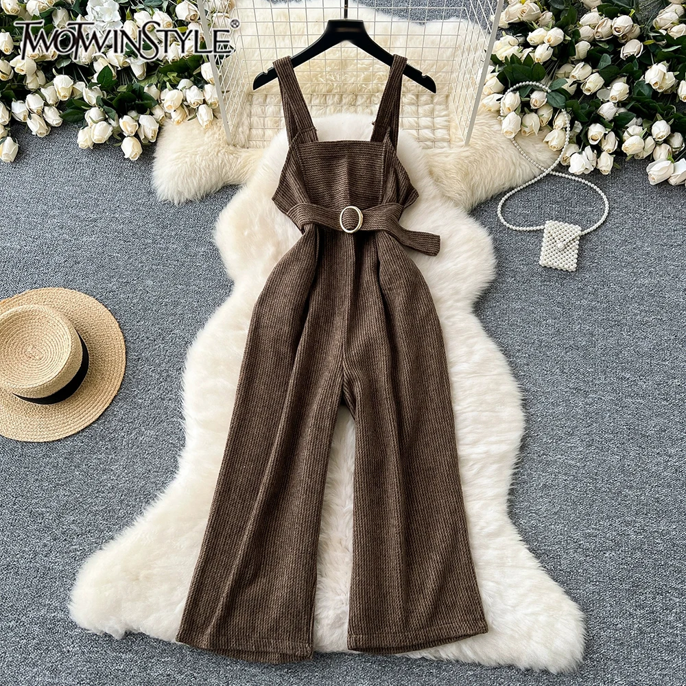 

TWOTWINSTYLE Casual Solid Woolen Jumpsuits For Women Square Collar Sleeveless High Waist Temperament Jumpsuit Female KJU547449
