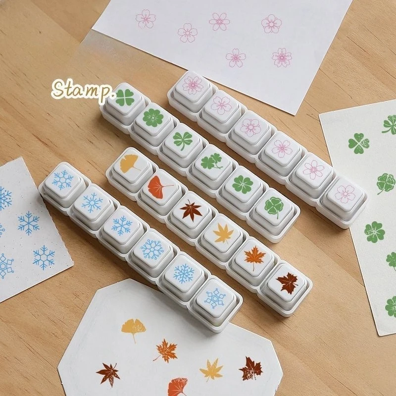 Image of Vier Jahreszeiten 6-in-1 Natur-Stempelset Blätter Kirschblüte Kleeblatt Ahorn Schneeflocke Kreative DIY-Journaling-Zubehör für Schüler