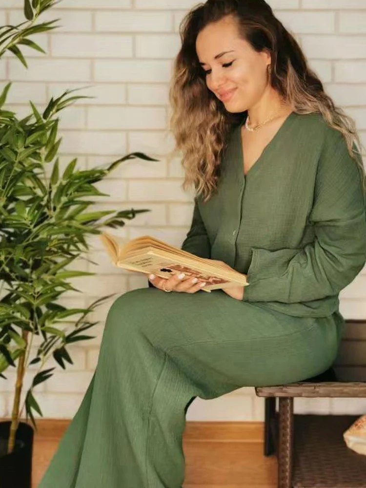 Khaki Pure Cotton Sleepwear V Neck Single Breasted Wide Leg Pants Trouser Suits Drop Sleeves Set Woman 2 Pieces Loungewear