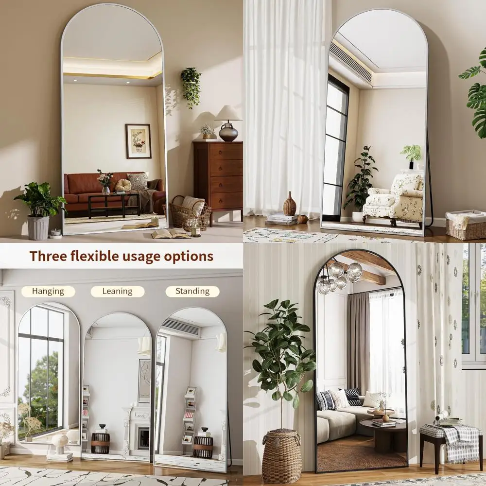 مرآة أرضية مقوسة بطول كامل مع إطار من الألومنيوم - مثبتة على الحائط أو مائل، مثالية لديكور المنزل والخلع الملابس