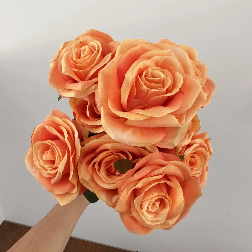 9 Köpfe Seidenrosen Blumenstrauß Künstliche Blume Orange Gelb Brautrose Gefälschte Rose Wohnzimmerdekoration Hochzeit Valentinstag – Detail 5