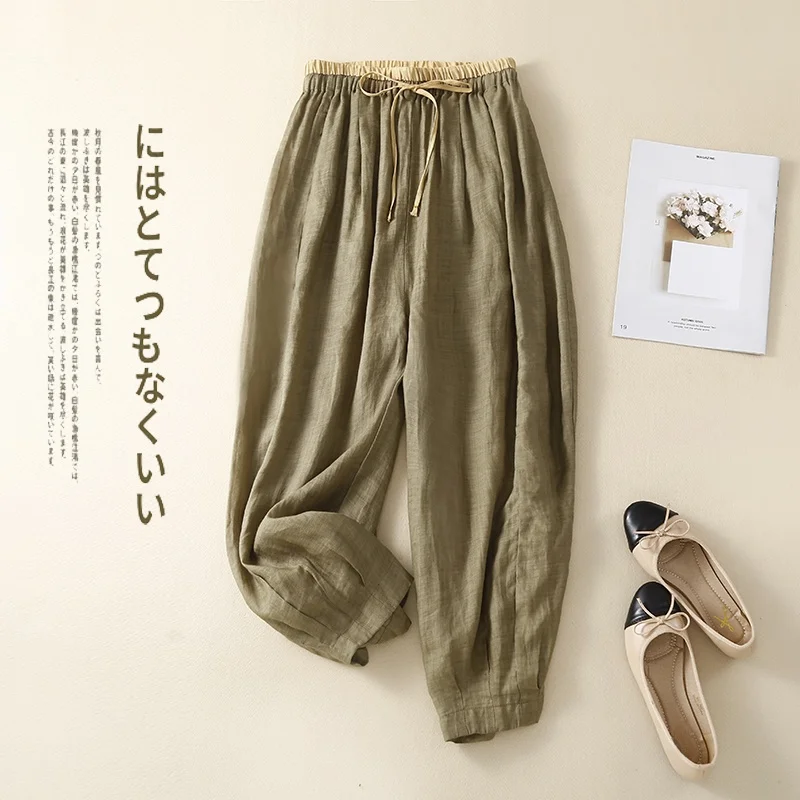 Women's Loose Casual Hemp Lantern Pants High Waist Nine Points Commute Sle Korean Version Cotton Linen Drapey Harem Trousers