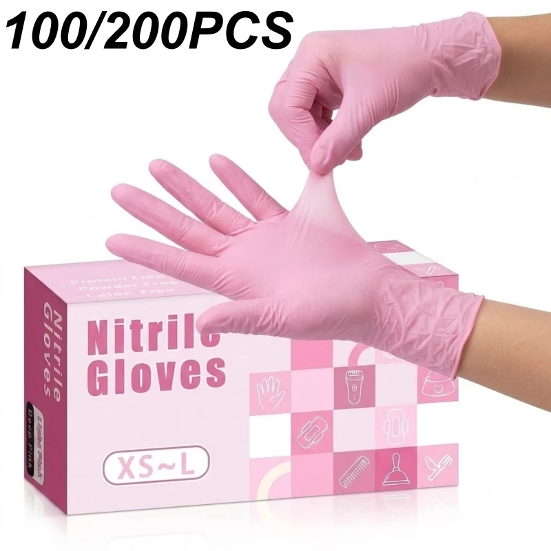 100/200PCS Pink Nitrile Gloves Disposable Elastic Latex Free Household Cleaning Gloves for Women Cooking Kitchen Gardening Home