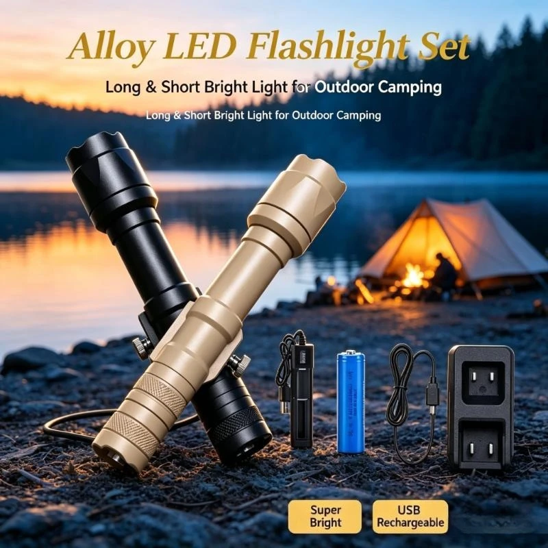 Aluminum LED Torch Kit Long&Short, Super Bright with Strobe SOS, USB Recharge Torch, Outdoor Camping Adventure Light