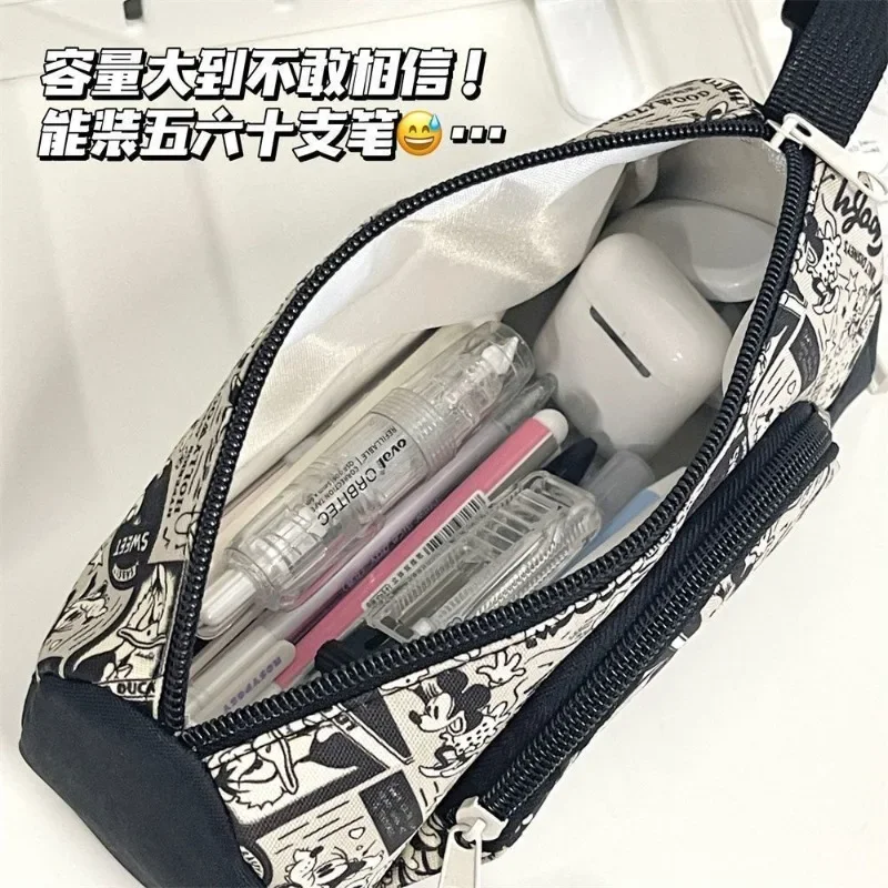 Disney Mickey Mouse Portable Pencil Case Cartoon Fashion Large Capacity Double-deck Pen Bag Stationery Box Organizer Pouch Bag