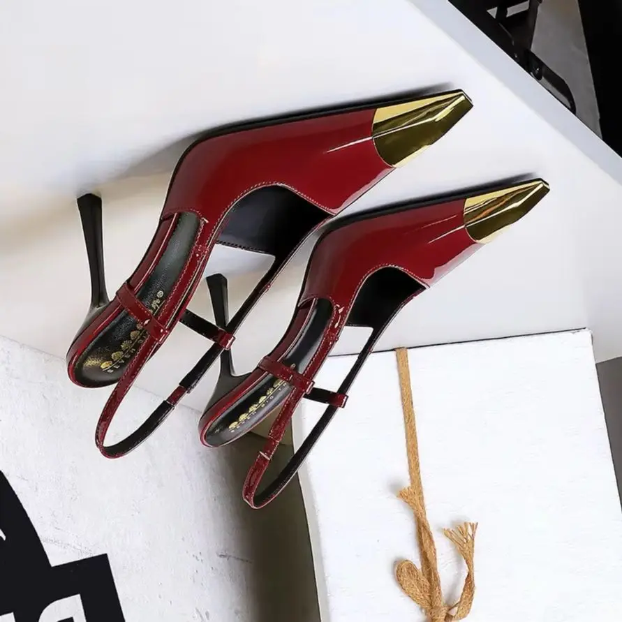 

BIGTREE Shoes Metal Pointed Tip Women Pumps Patent Leather High Heels Rear Empty Rear Strap Women Sandals Summer Shoes Stilettos