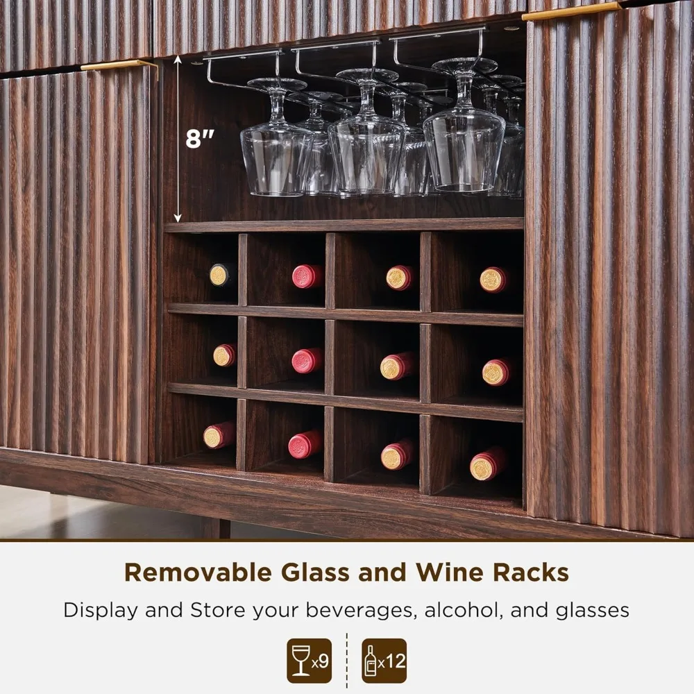 現代的なワイン＆コーヒーバッフェキャビネット - 60個のフルーテッド収納スペース、3つの引き出し、2つのドア、グラスラック付き