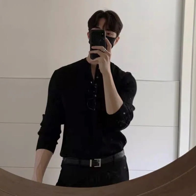 Spring Autumn Henley Slim Long Sleeve Knit Sweater Men's Business Casual Top