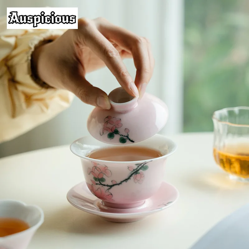 120ml Hand-painted Peach Blossom Powder Glazed Gaiwan Elegant Tea Tureen Tea Making Cover Bowl Tea Items Supplies Decoration