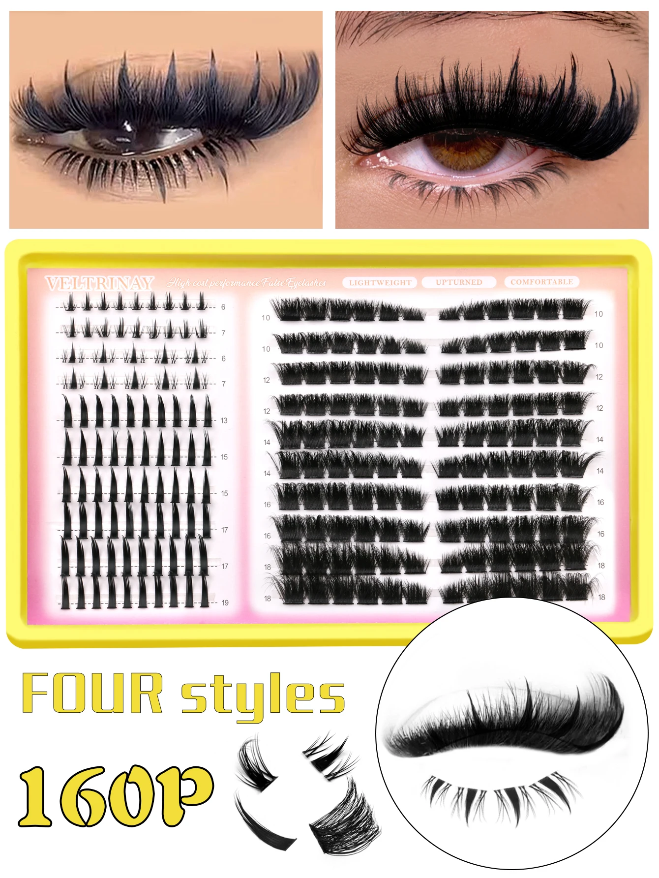 VELTRINAY 4 IN 1 Wimpernbüschel, 160 Stück, Wimpernspikes, untere Wimpern, wiederverwendbare untere Wimpern, Wimpernbüschel, Volumen-Einzelwimpern
