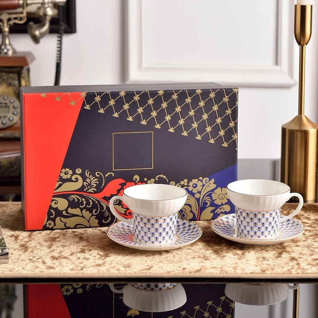 

Russian style ceramic coffee double cup and saucer set, high-end exquisite luxury bone china afternoon tea set