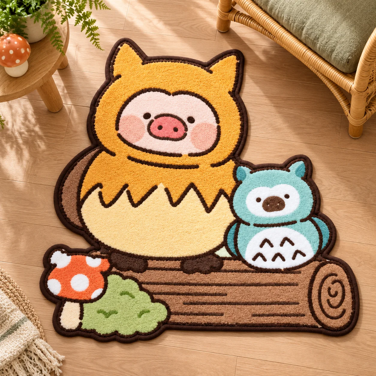 Cute Woodland Pig and Owl Shaped Area Rug, L-Lulu Pig Irregular Flannel Indoor Floor Mat for Bedroom Living Room Home Decor