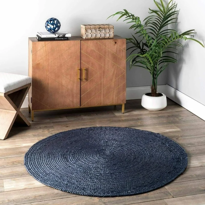 Jute Rug Blue Round 100% Natural Reversible 60X60CM Braided Style Rustic Look