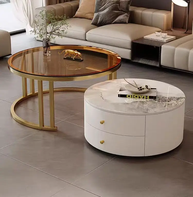 

@#Modern Living Room Furniture Coffee Table Light Luxury Design Stainless Steel Base Marble Extendable Round Wood Coffee Table