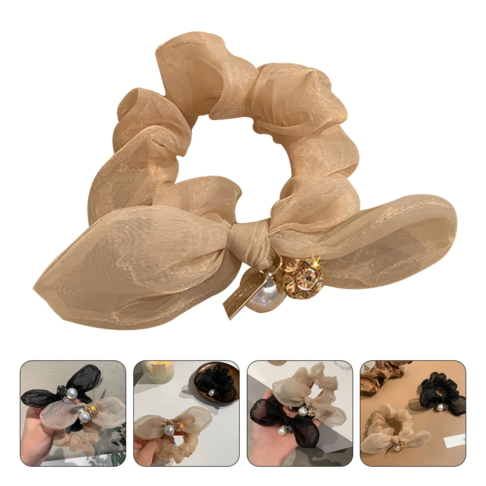 

1Pcs Elegant Bow Shaped Organza Hair Tie with Pearl Center Elastic Comfortable Hair Rope for Daily Travel Wedding Banquet Girl