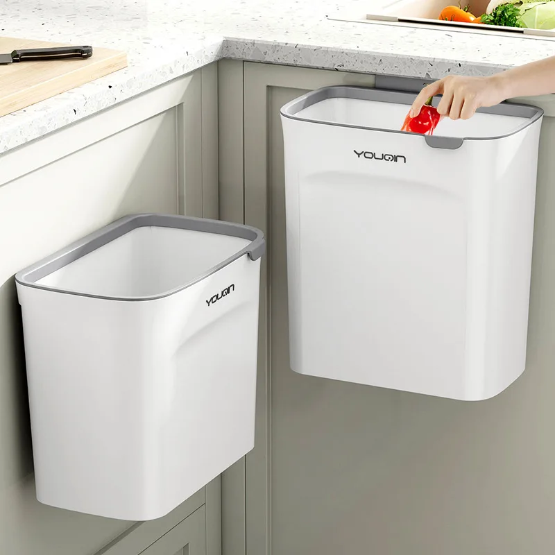 Kitchen Wall-Mounted Trash Can with Lid Bathroom Toilet Living Room Paper Basket Compost Hanging Storage Bucket Home Use