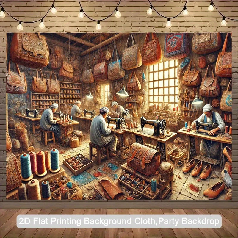 Vintage Leather Craft Workshop Tapestry 2D Flat Sewing Machine Bag Wall Hanging for Study Living Room Retro Art Fabric Poster