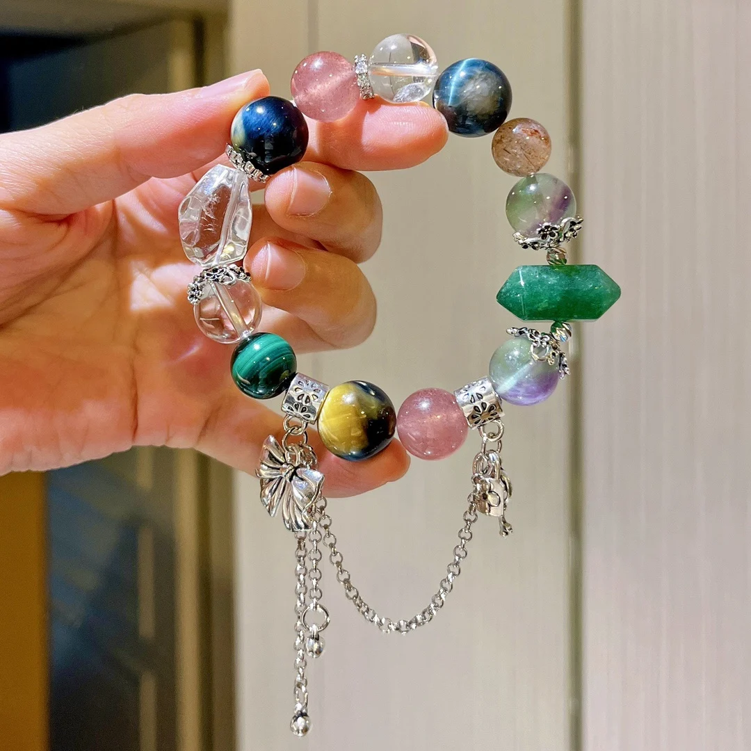 

Original antique design sense natural tiger's eye stone malachite strawberry crystal white crystal multi-treasure bracelet fring