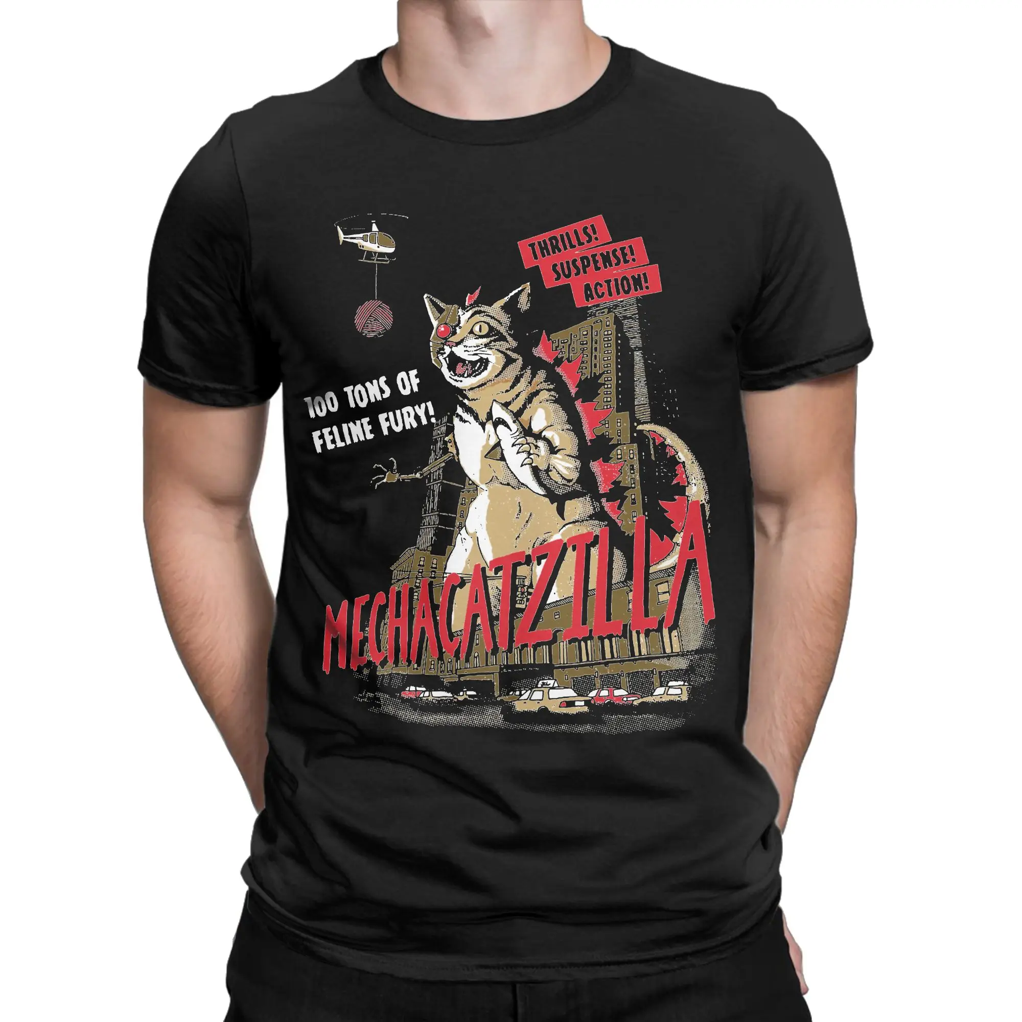 Men Mecha Catzilla T Shirts Horror Monster Cat Robot Cyborg 100% Cotton Tops Casual Round Neck Tee Shirt New Arrival T-Shirt