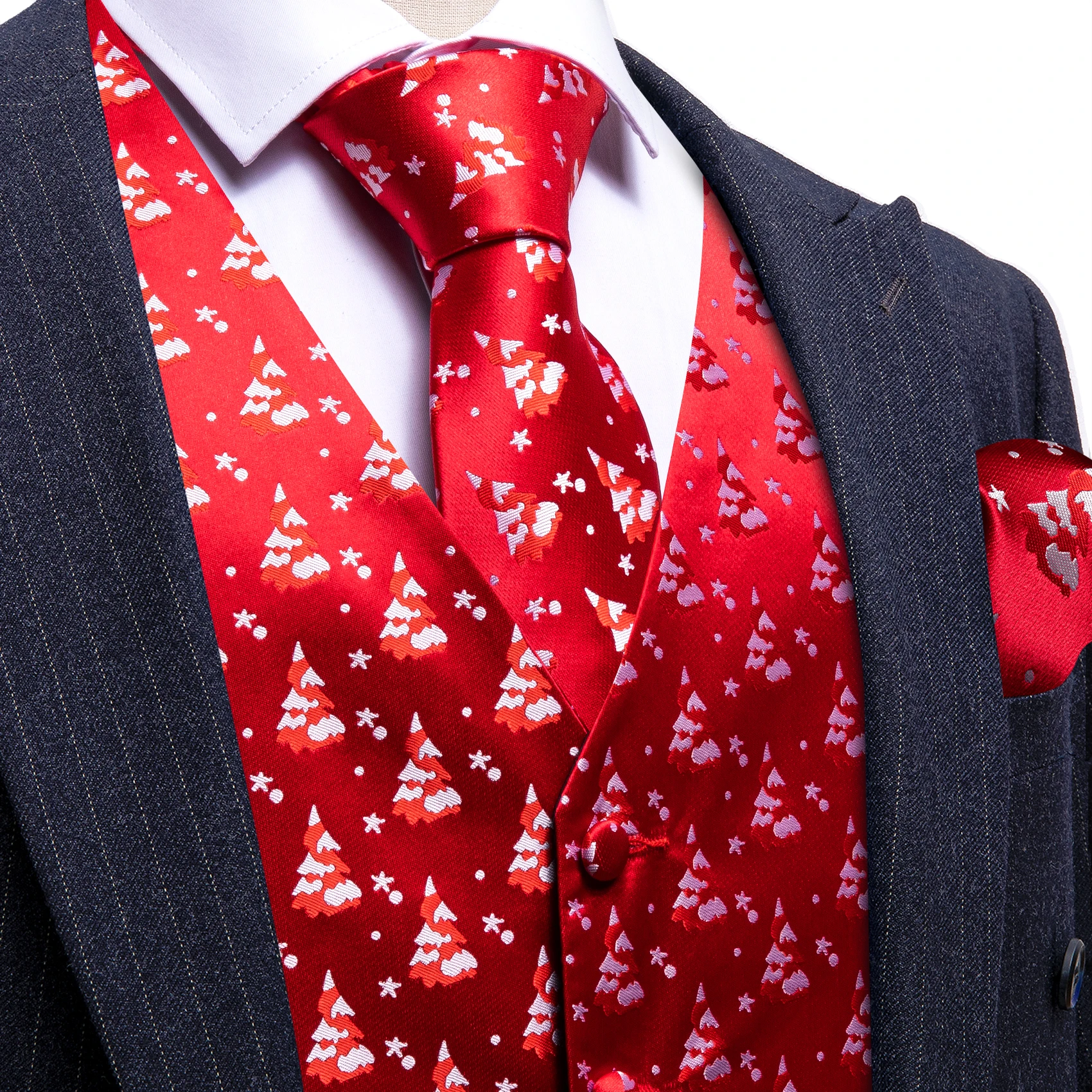 Luxury Silk Christmas Men Vest Red Xmas Trees Waistcoat Tie Pocket Square Set Sleeveless Jacket Formal Party Suit Barry Wang