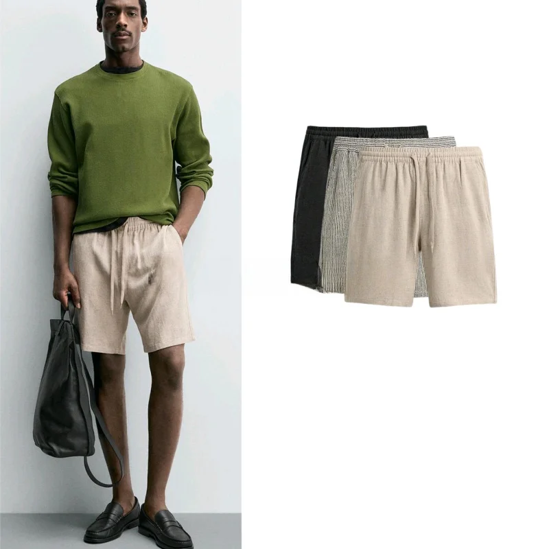 

Summer New Men's Casual Loose Waist Elastic Commuter Style Short Pants Polyester Fiber Striped Pattern Male Fashion Shorts