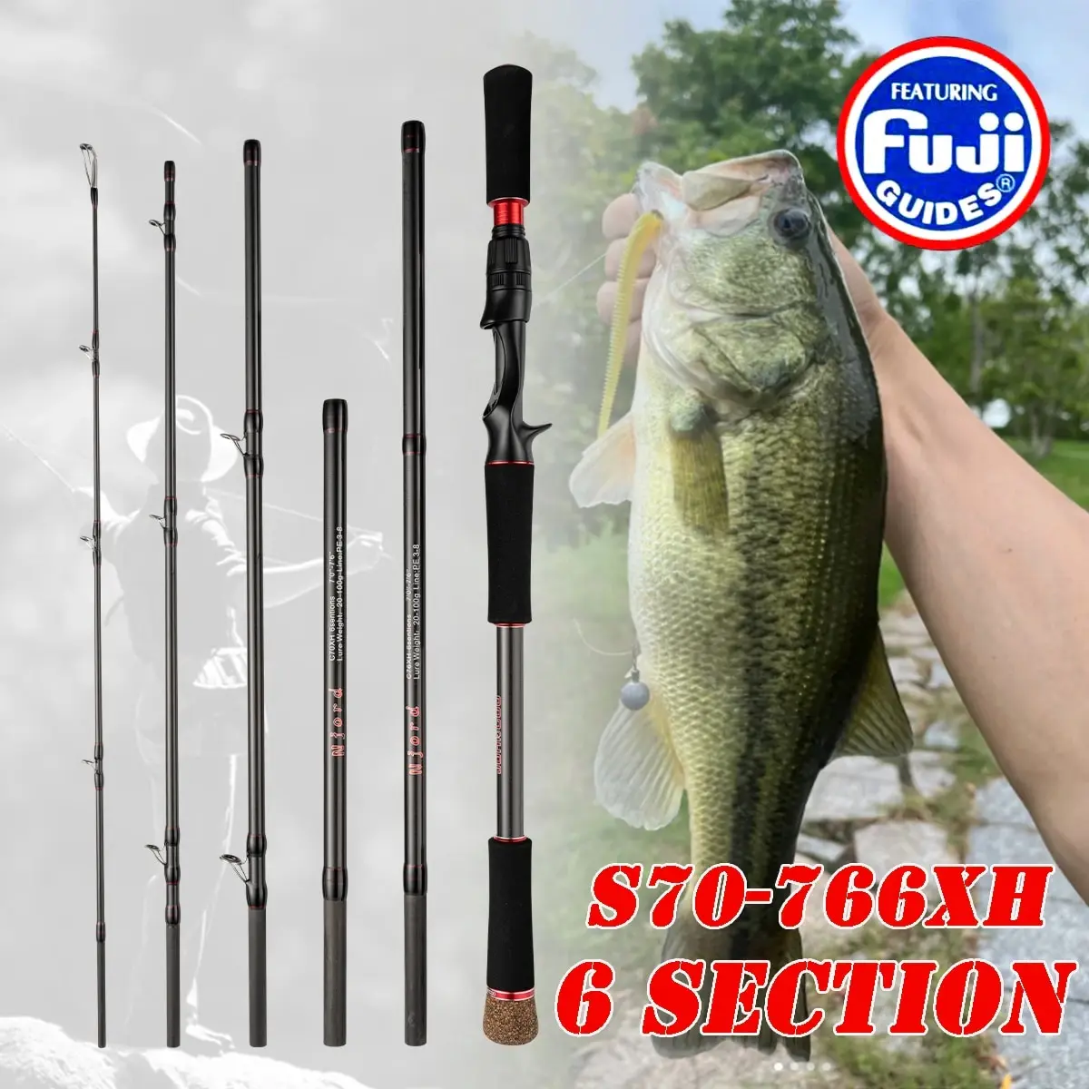 Fishing Rod 6 Section Casting Spinning Portable Travel Fishing Rod 30T Carbon Fiber For Big Game Rod Ultralight Weight