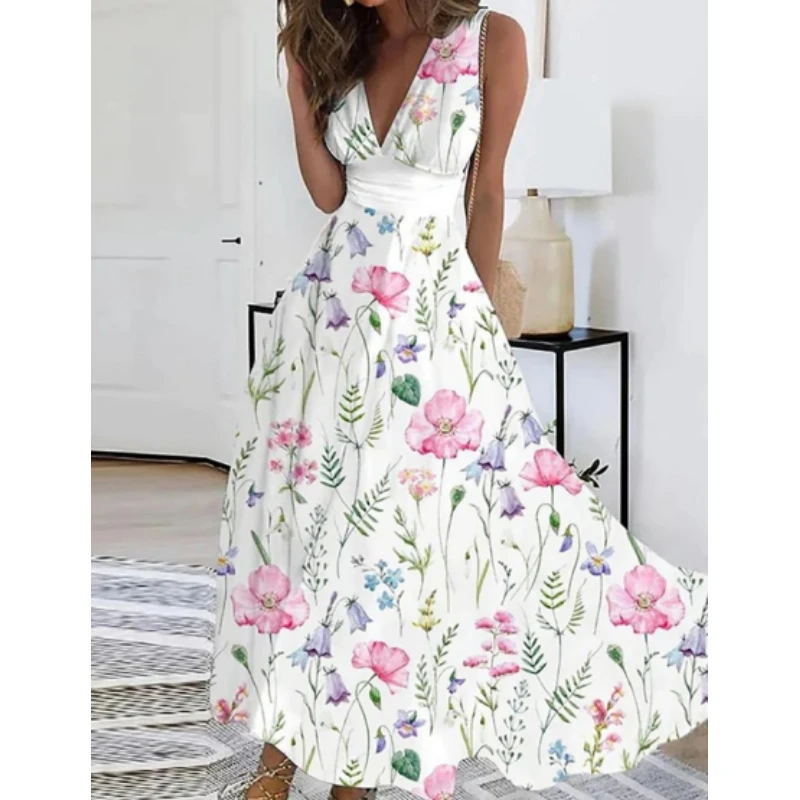 Elegant Women\'s Mid Length Dresse2023 Summer  Fresh  V-neck High Waist Sleeveless Printed Sexy Dress S-5XL