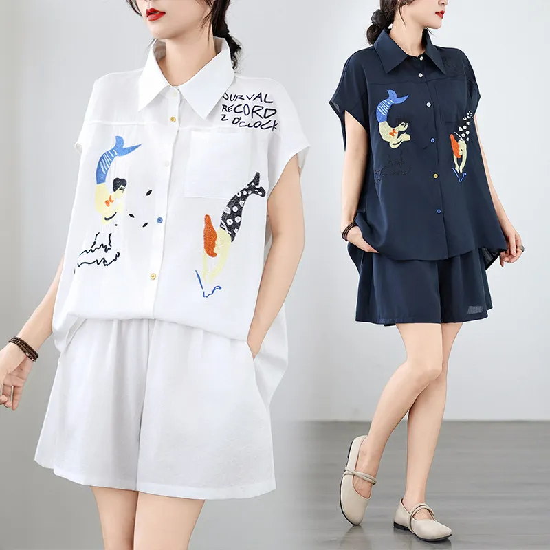 

Fashion Embroidered Laple Collar Single-breasted Shirt Casual High Waist Shorts Women Summer New Temperament Two Piece Set