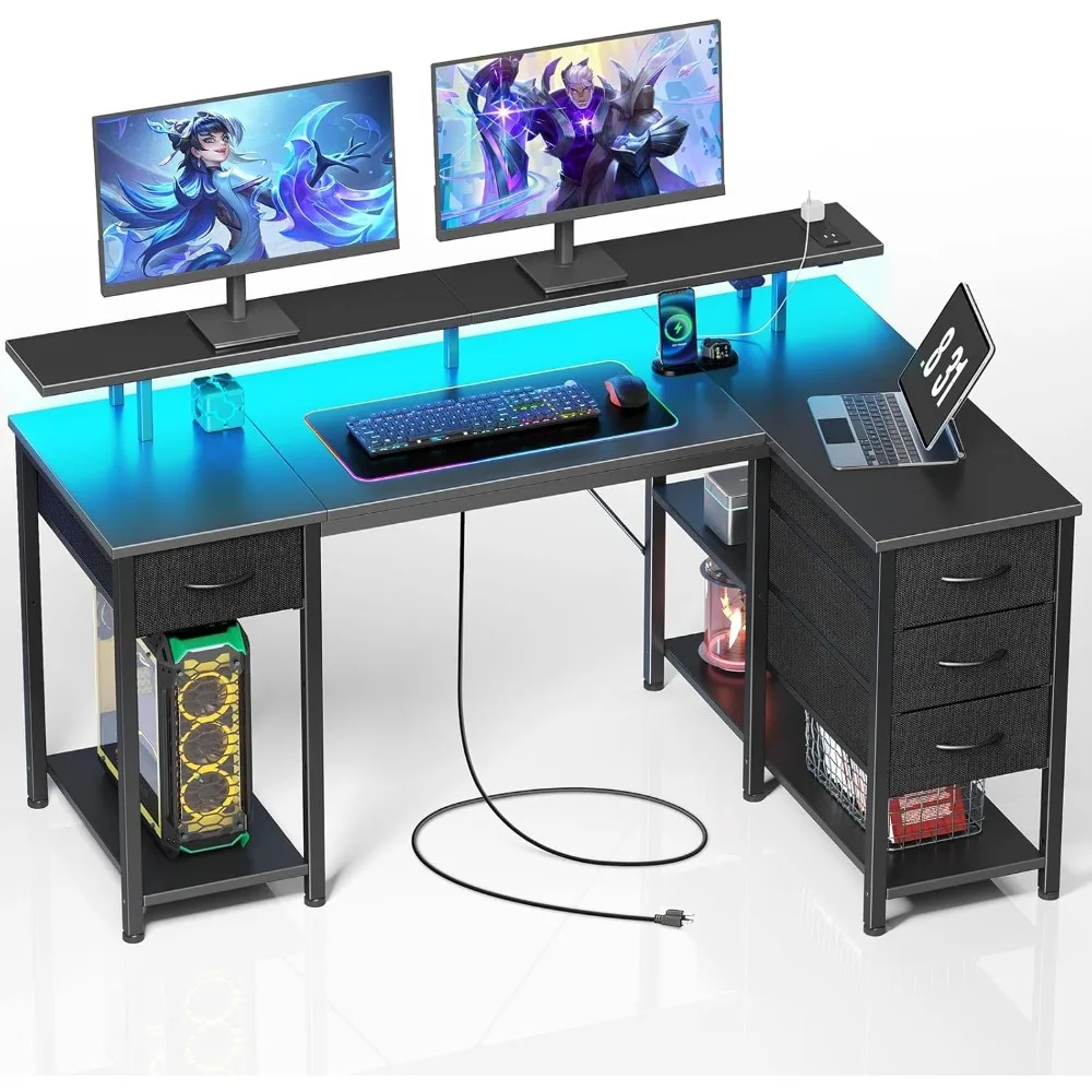 

Gaming Desk 47.2" with LED Lights & Power Outlets, Small L Shaped Desk with 4 Drawers, Computer Desk with Storage Shelves