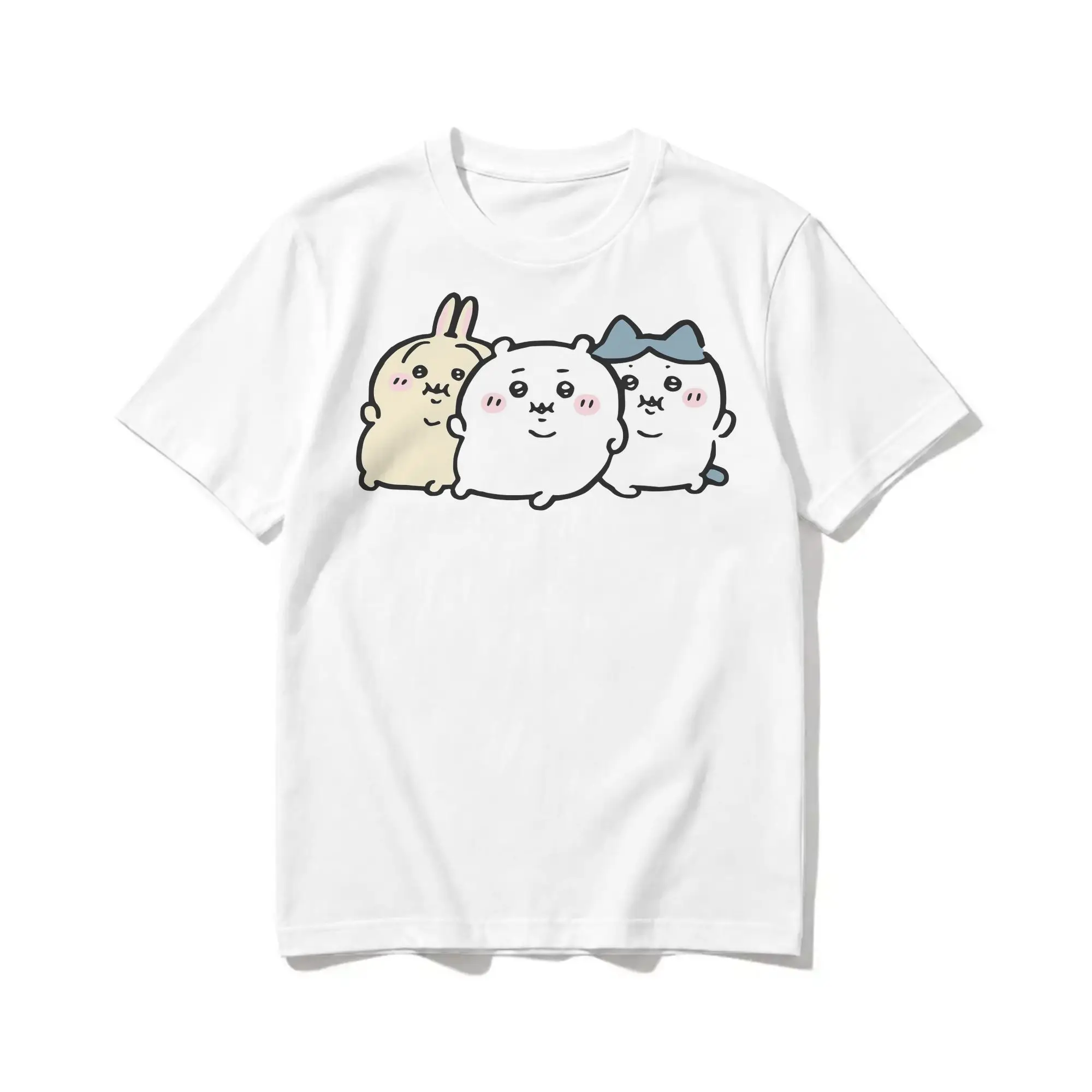 Chubby Bloated Chiikawaii Hachiware Usagi  Hungry Eat Food Full Fat T-Shirt Men's Round Neck Tops  100%Cotton Summer Clothing