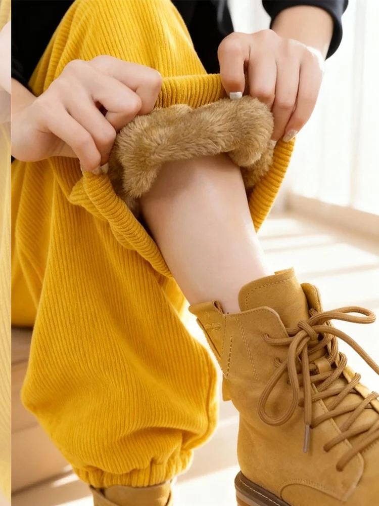 

Женские брюки в стиле ретро: американские желтые вельветовые штаны на флисовой подкладке, утепленные, с манжетами, очень теплые, из овечьего бархата