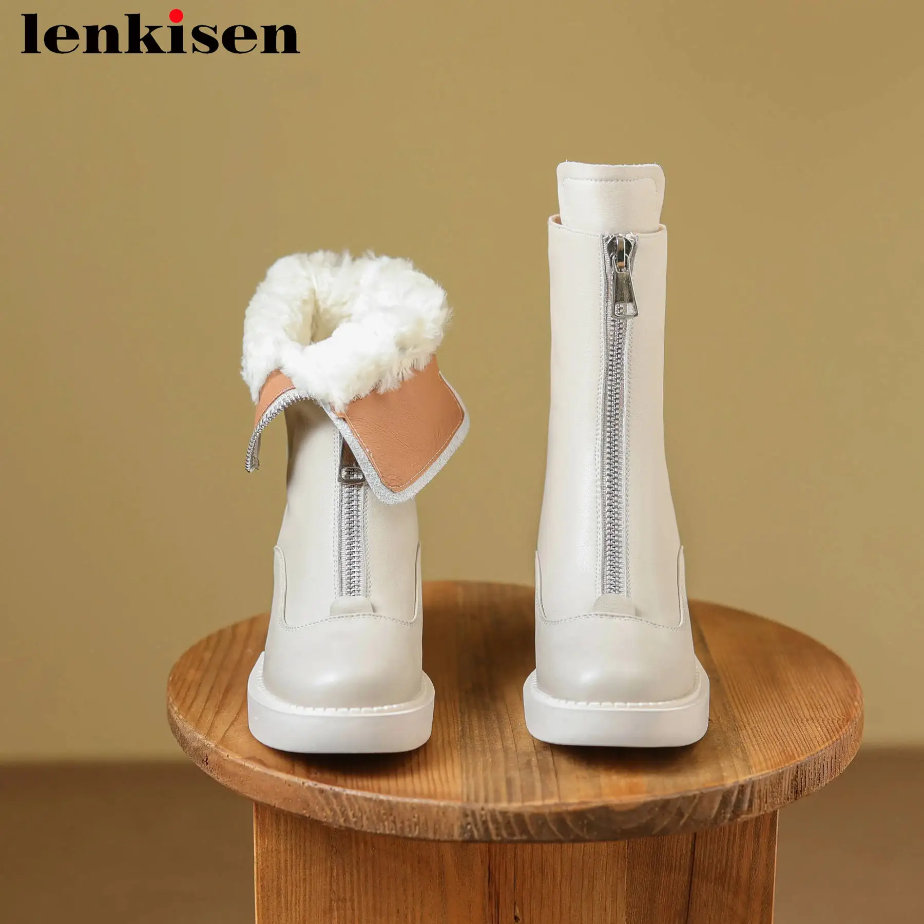 

Lenkisen Keep Warm Wool Cow Leather Round Toe Thick Fur High Heels Snow Boots Casual Cold-resistant Front Zipper Ankle Boots