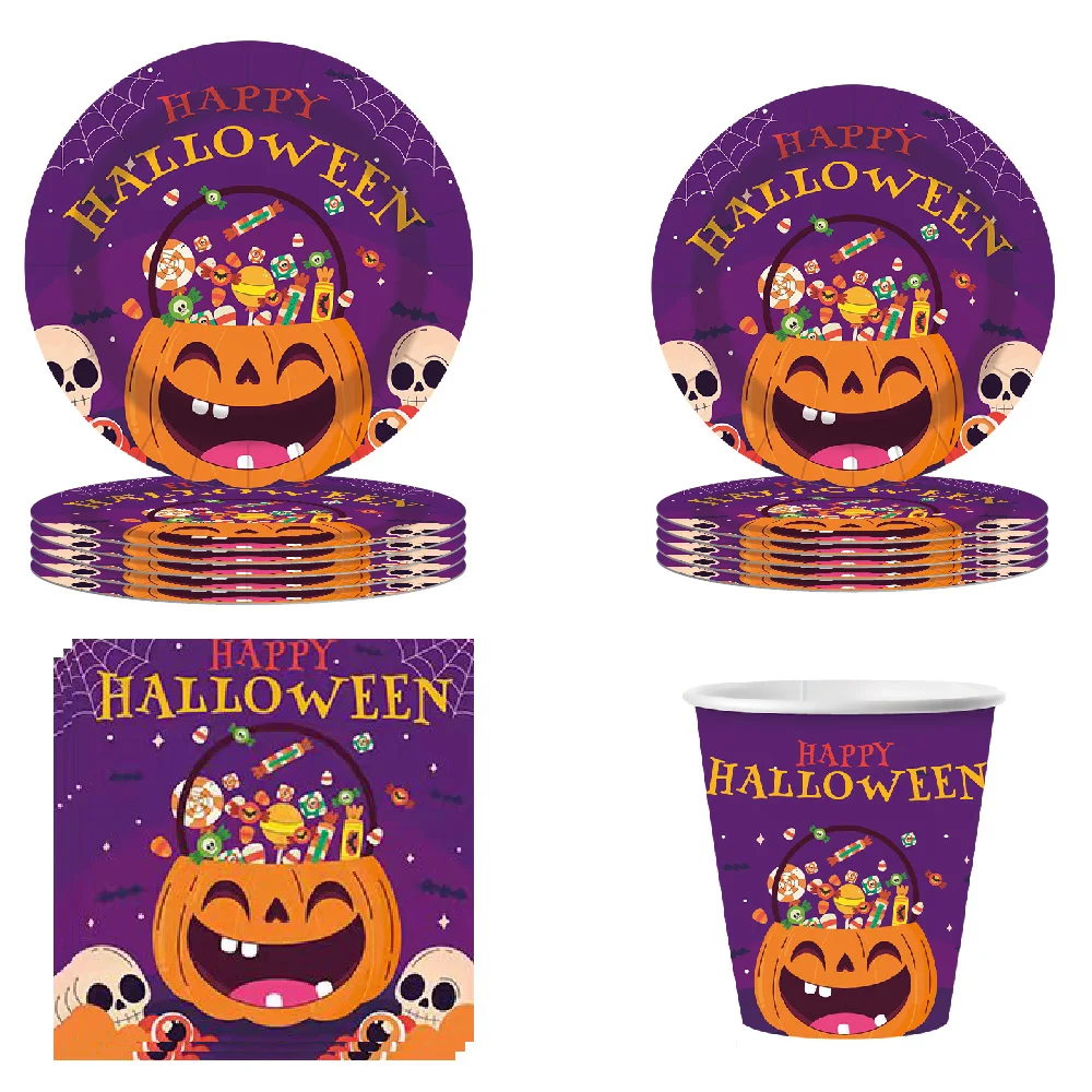Halloween Einweg-Tischgeschirr Horror-Kürbis-Geist Lila Teller Servietten Becher Tischdecke Halloween-Party Heim-Deko-Zubehör