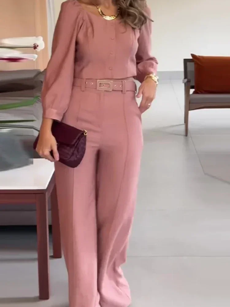 Set di due pezzi pantaloni da donna Set elegante girocollo manica intera estate Y2k top cintura a vita alta gamba larga pantaloni lunghi Casual