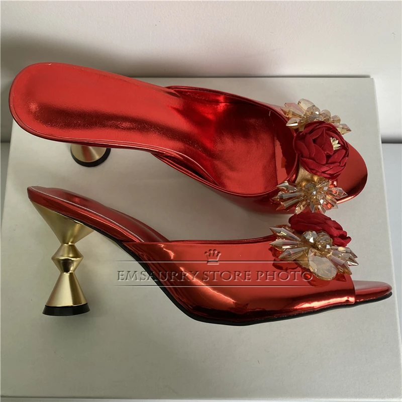 Handmade Rose Crystal Flower Sandals Women Novelty Metal Strange Heel Patent Leather Slingbacks Modern Summer Shoes