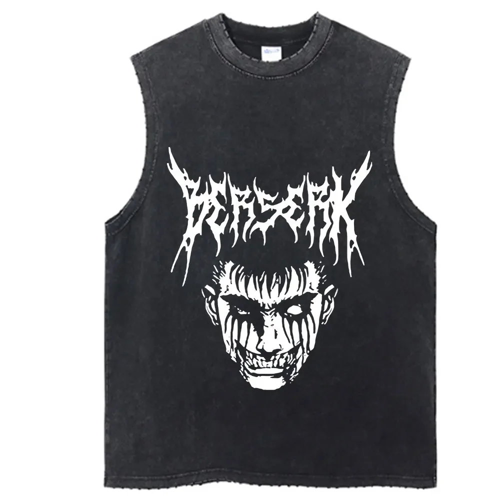 Vintage Tank Top Japanese Anime Graphic Print T Shirt Cotton Hip Hop Streetwear Oversize Anime Pattern Washed Tops Vest