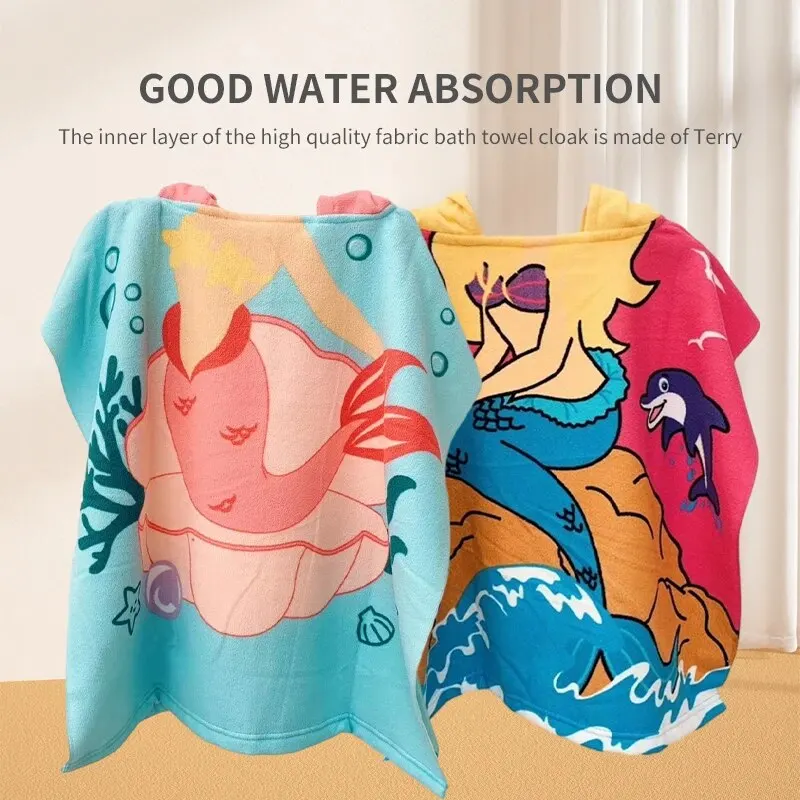 1 PCS New Childrens Bath Towel Cartoon Print Cape Hooded Beach Bathrobe Soft Breathable Absorbent Quickdrying