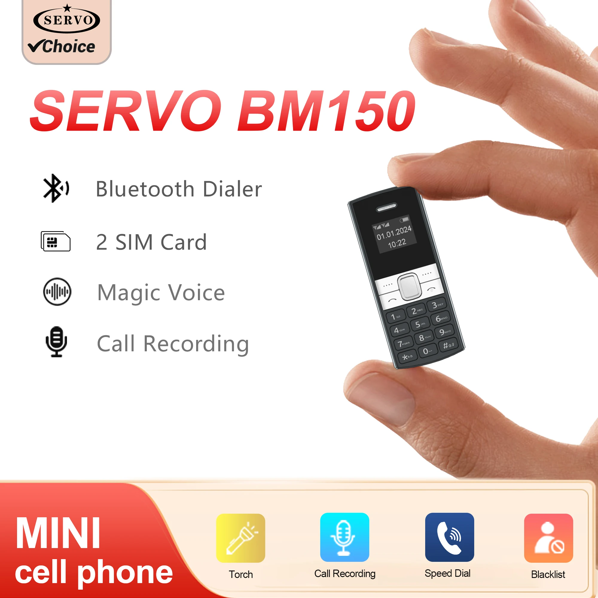 SERVO BM150 2 SIM Card 2 Standby Mini Mobile Phone Auto Call Recorder Bluetooth Dial Speed Dial Magic Voice Blacklist Cellphone