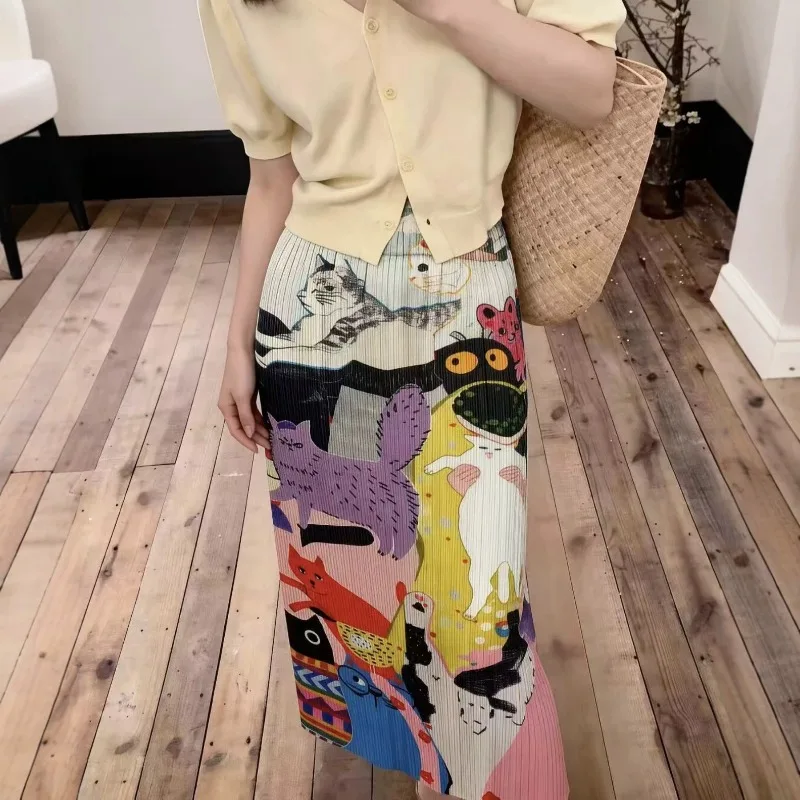 Miyake Pleated Printed Skirt Plisse 2026 Summer New Colorful Cat Print Fold Jupe Loose Straight Casual Elegant Versatile Skirt