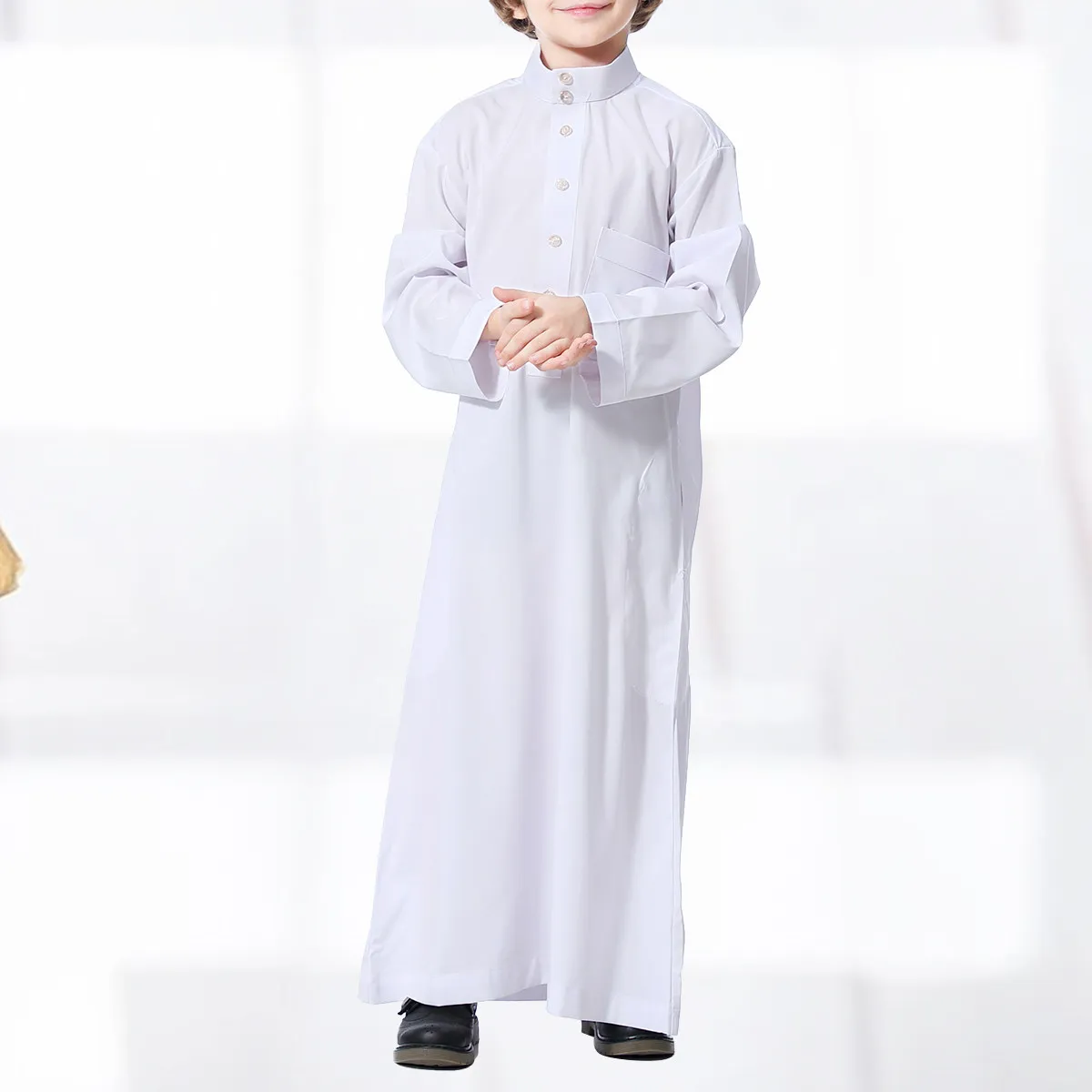 130Cm White Muslim Arab Robe Long Sleeve Straight Collar Breathable Comfortable Middle Eastern Gown for Teen Boys Casual