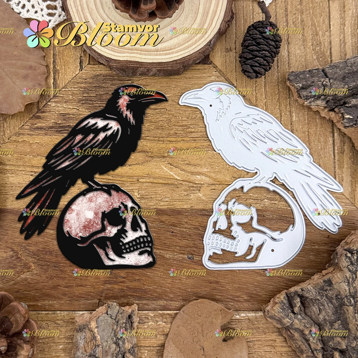 Original Retro Halloween Totenkopf- und Krähen-Silhouetten-Metall-Stanzformen für Scrapbooking, dekorative Prägung