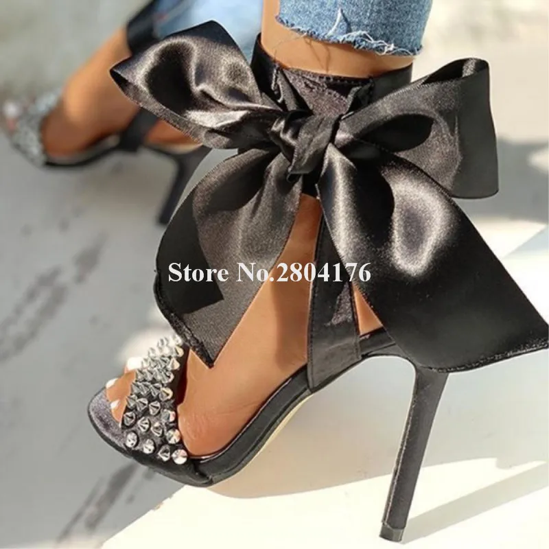 

Black Bowtie Stiletto Heel Rivets Sandals Wetern Fashion Open Toe Butterfly Studs Thin Heel Gladiator Sandals Dress High Heels