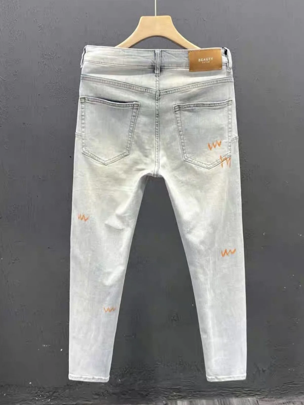 

Высококачественные мужские джинсы в стиле ретро, облегающие летние тонкие новые брюки в Корейском стиле, износостойкие длинные брюки с принтом