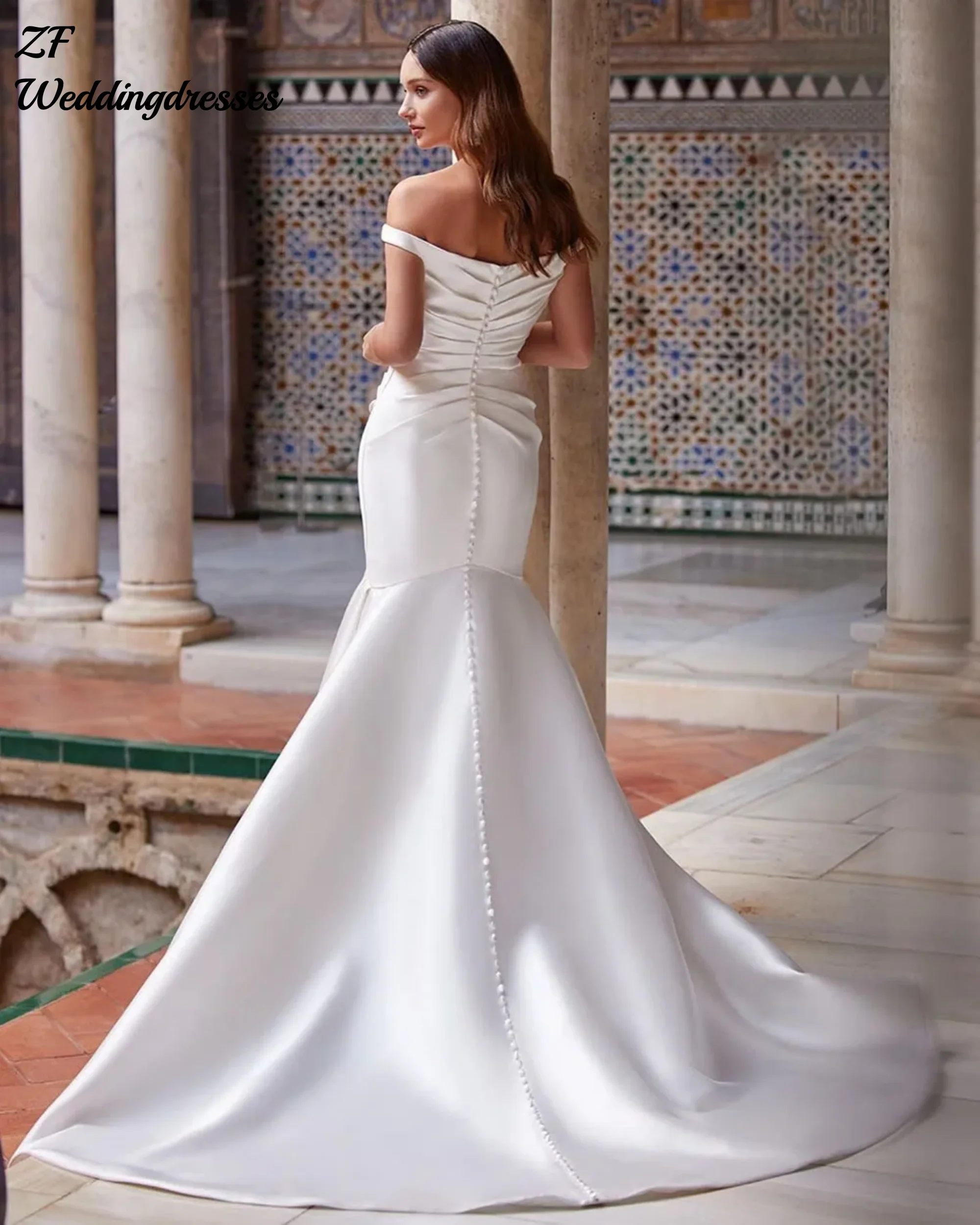 맞춤형 새틴 머메이드 웨딩 드레스 오프숄더 플리츠 버튼 보헤미안 파티 신부 드레스