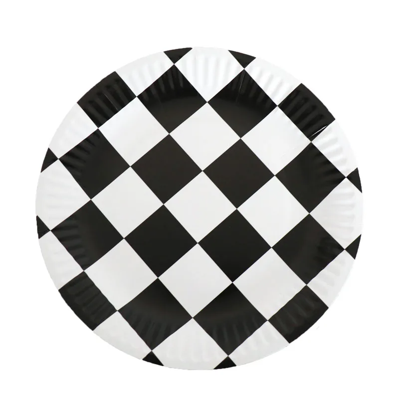 Black and white checkerboard Theme Birthday Party Decorations Disposable Tableware Set Paper Plates Napkins Cups