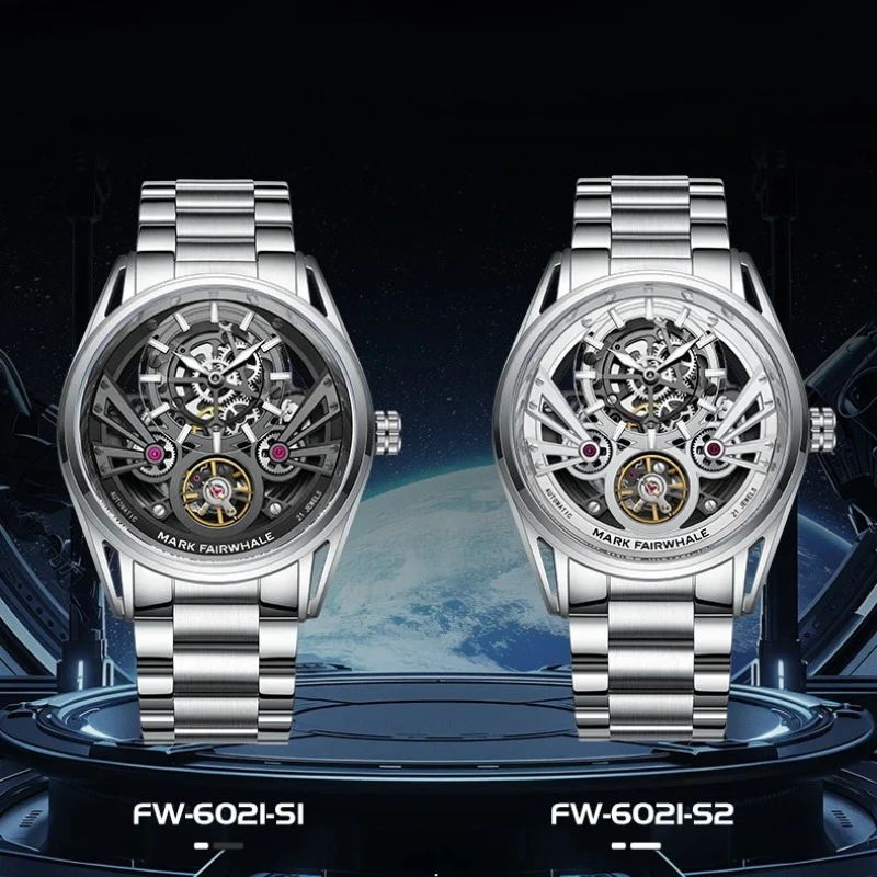 

Mark Fairwhale 6021 Luxury Steel Strip Automatic Core Tourbillon Mechanical Watch Hollow Waterproof Luminous Watches for Men