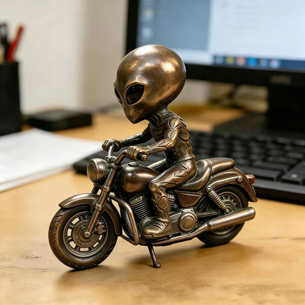 Alien Riding Motorcycle Figurine, Cool Green Alien Biker Statue Resin Ornament, Unique Desktop Decor, Funny Collectible Gift